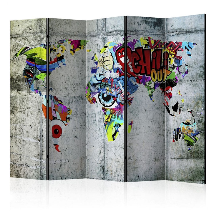 Paravent, Raumteiler freistehend, Trennwand - Weltkarte - Graffiti-Welt, 5-teilig - 225 x 172 cm - WA454643