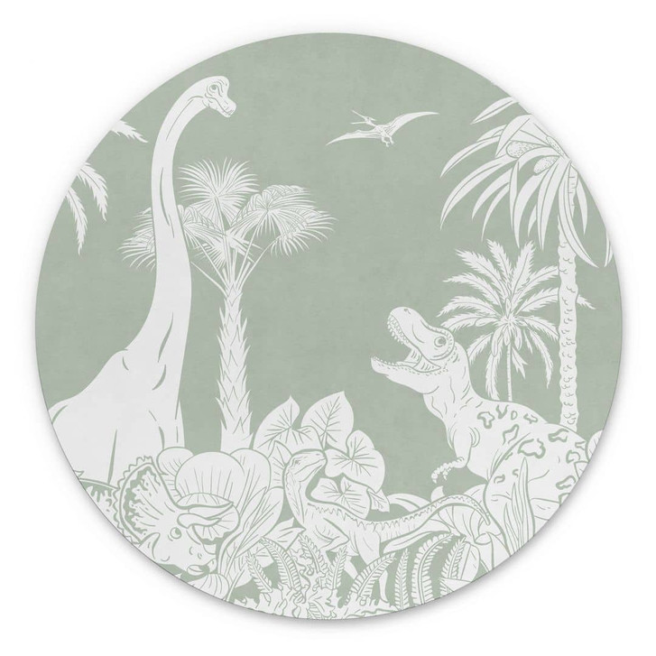 Rundes Wandbild Grüne Urzeitwelten - Dinosaurier unter Palmen - Kikki Belle - Alu-Dibond - WA435314