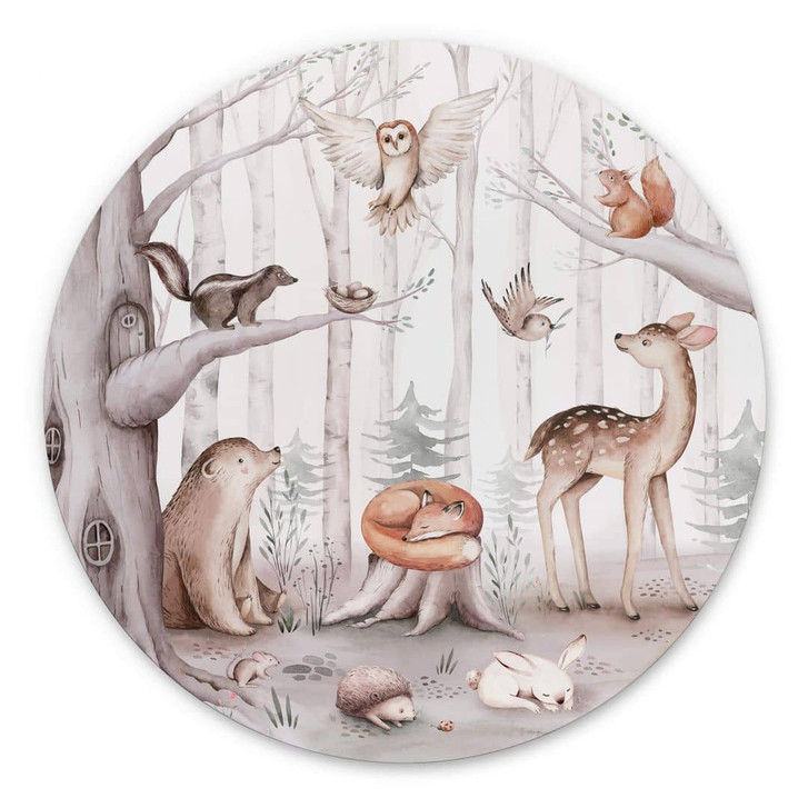 Wandbild Süsse Tiere im Wald Rund - Kvilis - Alu-Dibond - WA394797