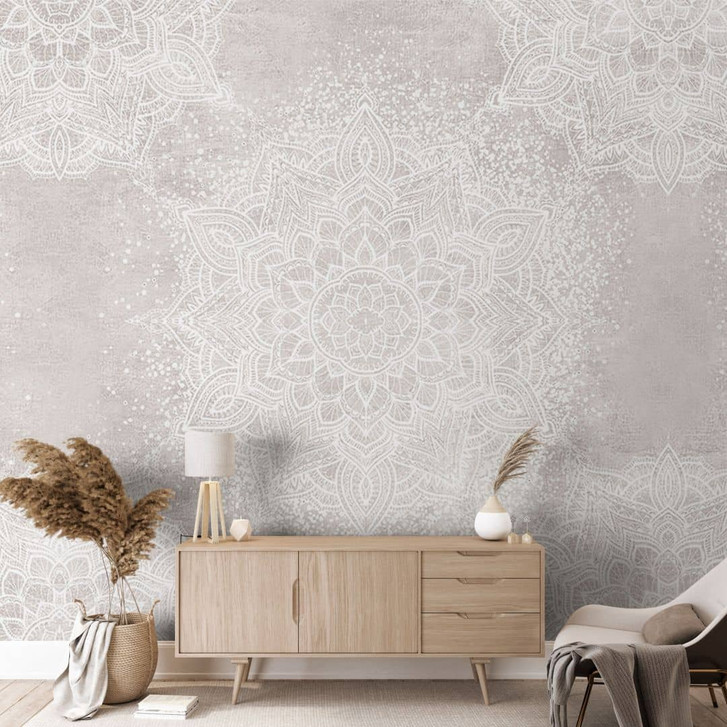 Fototapete Sanftes Mandala auf Grau-Beige - Bloomery Decor - WA493304