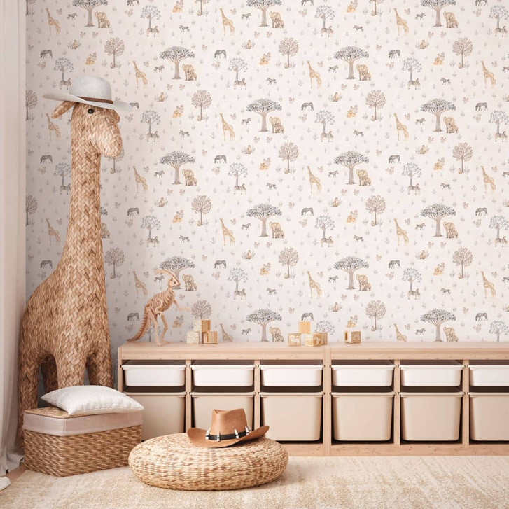 Safari-Tapete Tiere Beige Bunt - Vliestapete mit Giraffe, Zebra & Elefant - WA465402