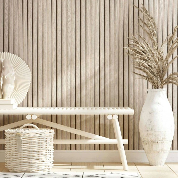 Vliestapete mit Akustikpaneele Optik und leichter Holzmaserung im Skandi Stil beige Streifen - WA507941