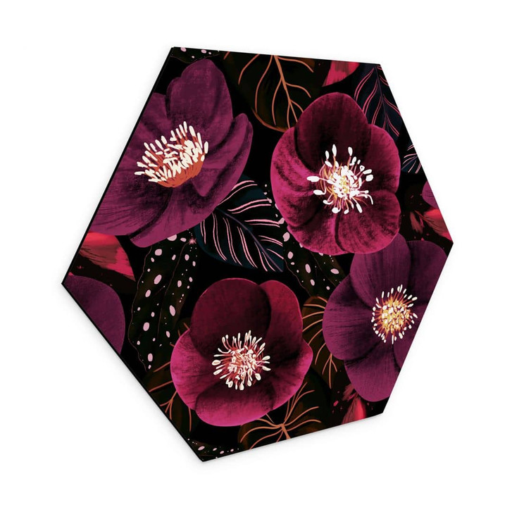 Hexagon Wandbild Florale Blütenpracht in Purpurtönen - Anis Illustration - Alu-Dibond - WA441398