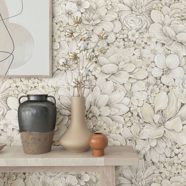 Vliestapete mit stark strukturiertem Blattmotiv greige Floral - WA450417