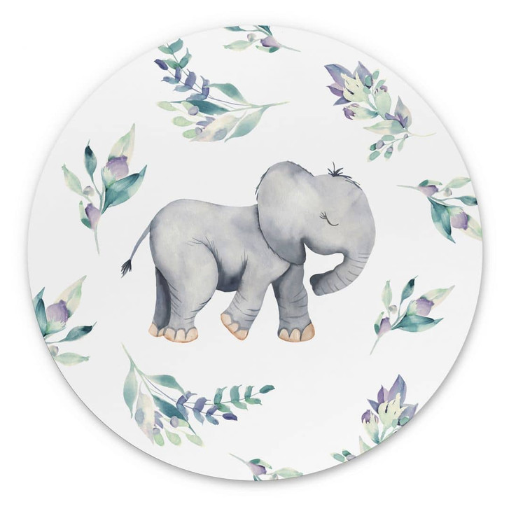 Wandbild Niedlicher Babyelefant zwischen Boho-Zweigen - UN Designs - Alu-Dibond - Rund - WA395044