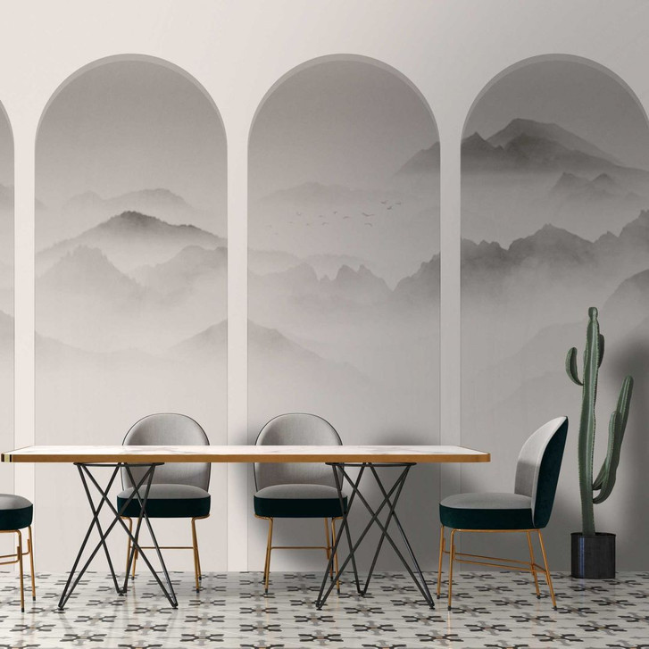Fensterblick-Fototapete mit Bergpanorama in Graustufen - Vliestapete - WA386053