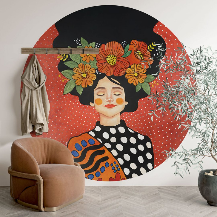 Fototapete Lächelnde Frau mit orangen Blumen - Hülya - Rund - Selbstklebend/Vlies - WA494368