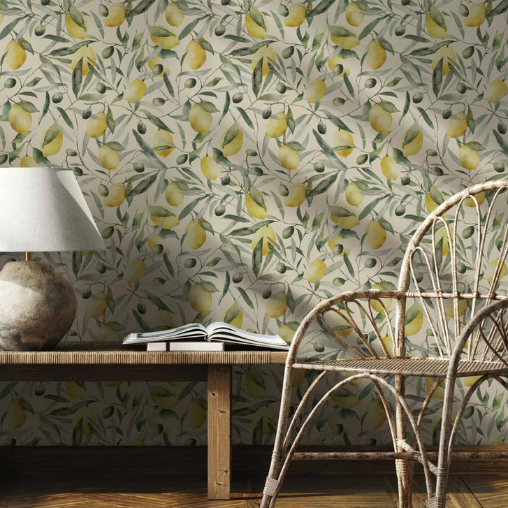 Vliestapete Zitronen, Blätter Floral Natur matt in Beige - WA473009