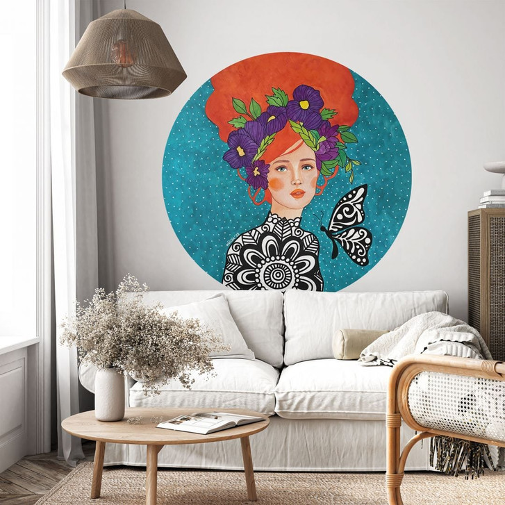 Wandtattoo Schmetterlingsfrau mit Blütenkranz - Hülya - Rund - WA501081