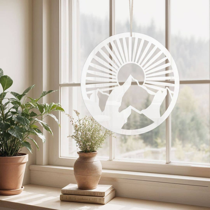 Acrylglasbild, Fensterbild zum Aufhängen Berglandschaft im Sonnenuntergang - Rund - WA393254