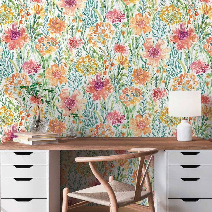 Blumentapete Aquarell Bunt Grün - Florale Vliestapete - Frühlingshaft - WA449575