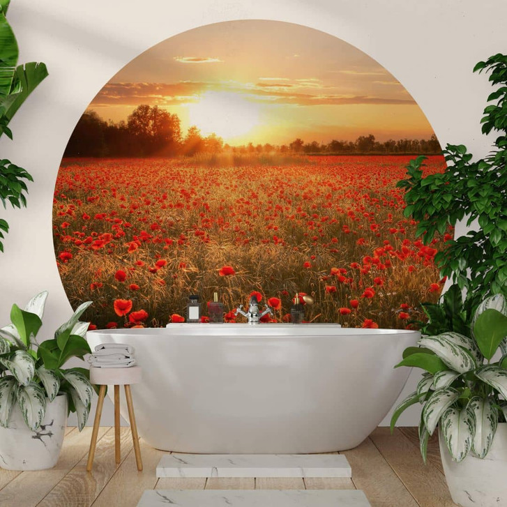 Fototapete Mohnfeld im Sonnenuntergang - Rund - Selbstklebend/Vlies - WA320315