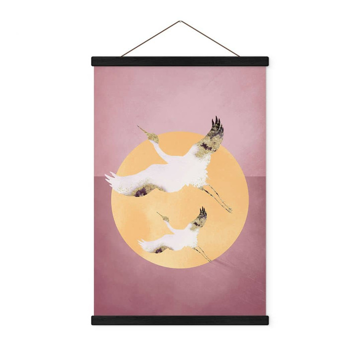 Stoffbild Weiss-goldene Kraniche am pinken Himmel - Aureous - WA410931
