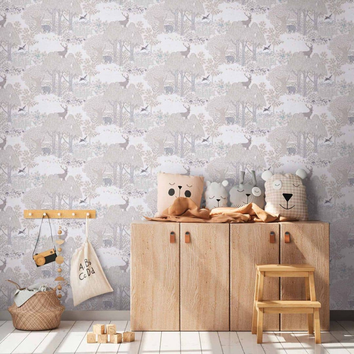 Wald-Tapete mit Tieren Beige Grau - Kindertapete mit Bär & Hirsch - WA465347