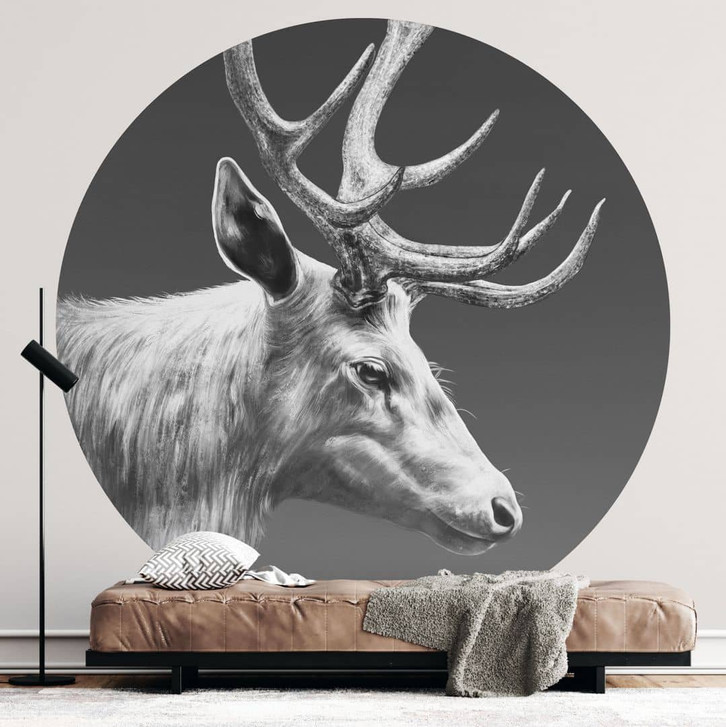 Fototapete Hirsch mit Geweih schwarz-weiss - Roberg - Rund - Selbstklebend/Vlies - WA443631