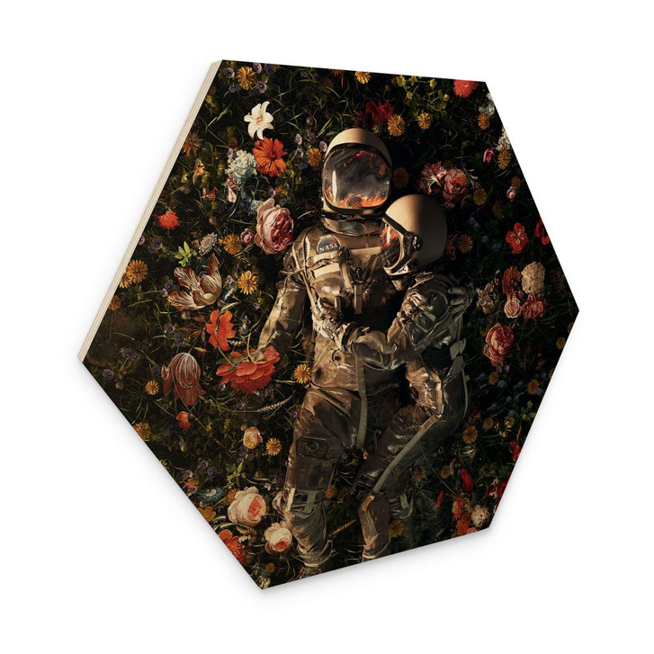 Hexagon Holzbild Astronauten auf einer Blumenwiese - Nicebleed - WA401273
