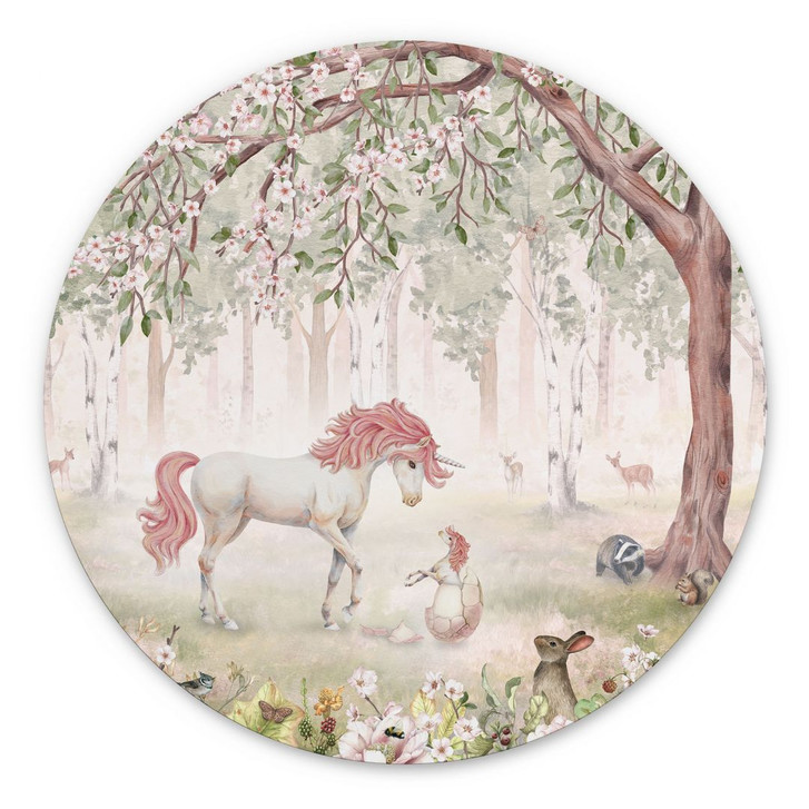 Wandbild Märchenhafter Wald mit Einhörnern - Kikki Belle - Alu-Dibond - Rund - WA395141