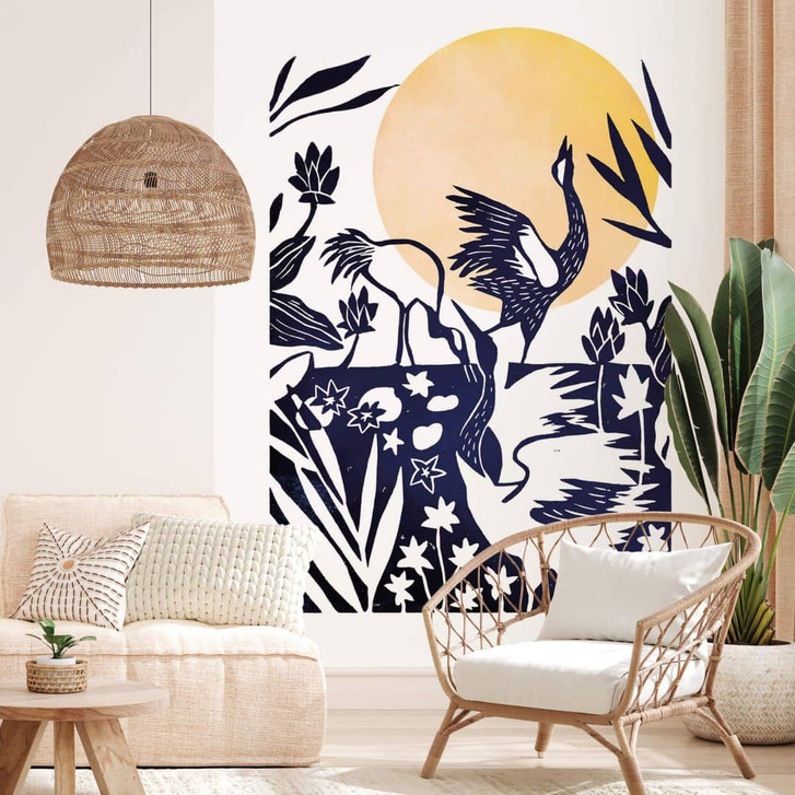 Fototapete Goed Blauw - Linolschnitt Kranich - WA331186