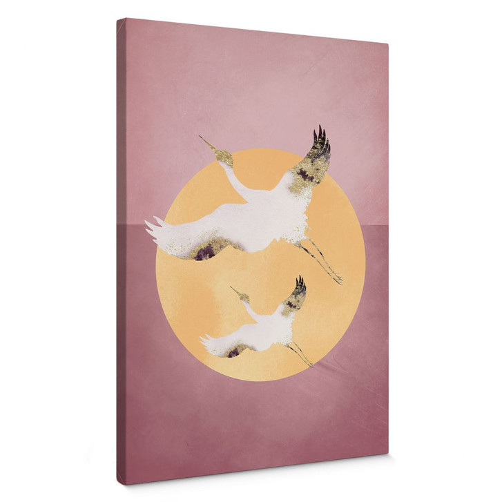 Leinwandbild Weiss-goldene Kraniche am pinken Himmel - Aureous - WA402942