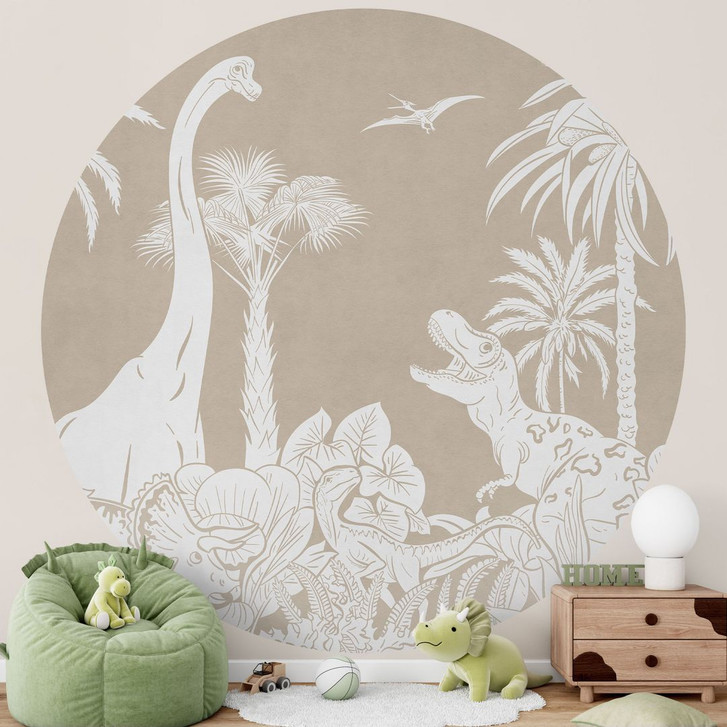 Fototapete Dinosaurier im wilden Dschungel - Braun - Kikki Belle - Rund - Selbstklebend/Vlies - WA470884