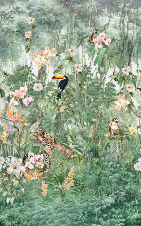 Fototapete Wandtapete mit Motiv Dschungeltraum mit Tukan, Leopard und tropischen Blüten 3.4 x 2.12 m - WA505273
