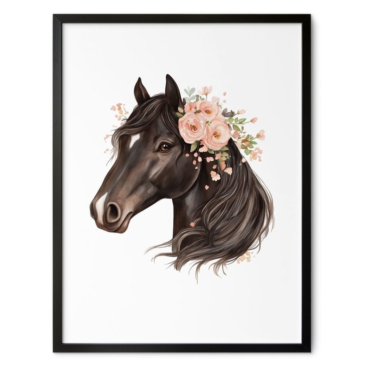 Poster Schwarzes Boho Pferd mit Rosen | Kinderposter für Pferdeliebhaber - WA499194
