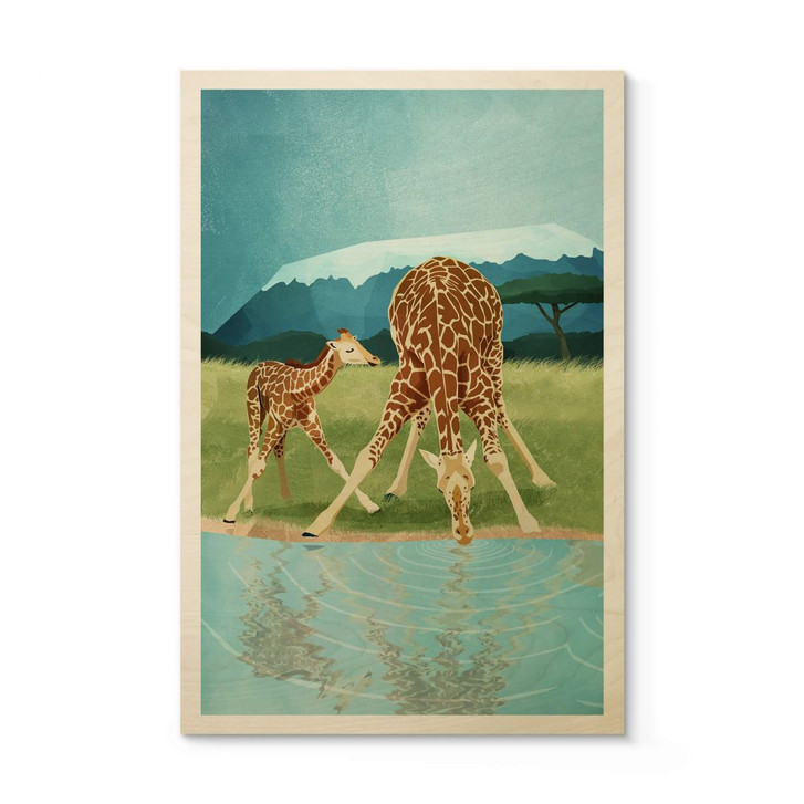 Holzposter Goed Blauw - Tiere am Wasserloch - Giraffen - WA310090
