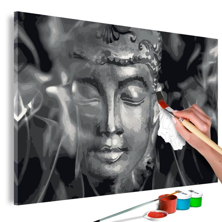 Malen nach Zahlen Leinwandbild - Schwarzer und weisser Buddha - 50 x 40 cm - mit Keilrahmen - bespannt - WA437811