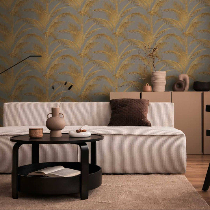 Palmen-Tapete Grau Gold - Vliestapete mit edlem Glanz und tropischem Design - WA465272