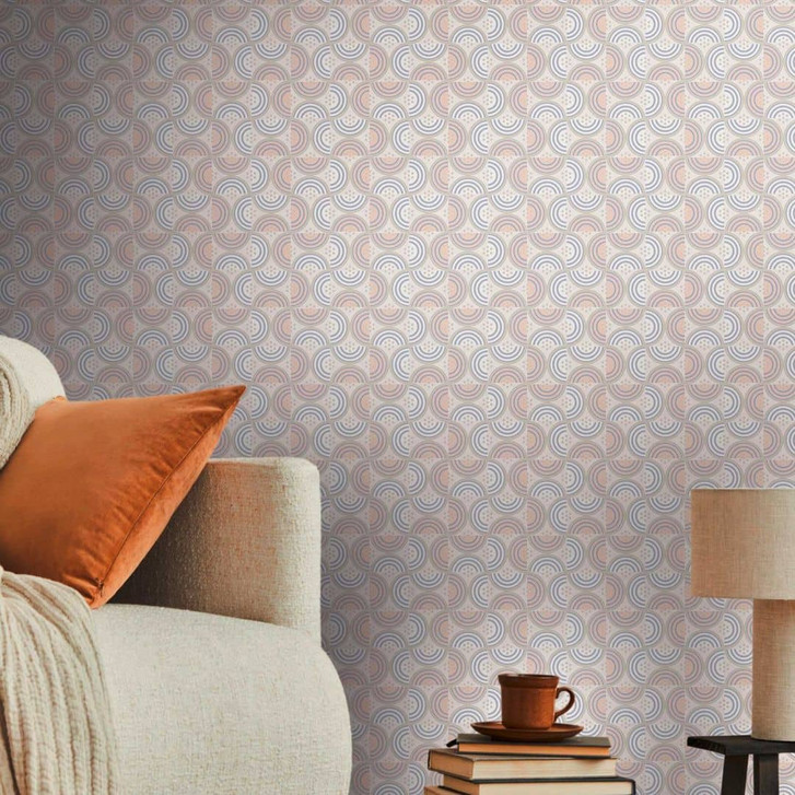 Tapete mit Wellen- und Linien Creme Blau - Retro-Look Grafik-Vliestapete - WA396226