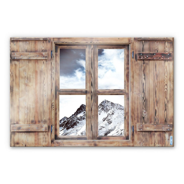 Glasbild 3D Holzfenster - Snow Mountain - WA231893