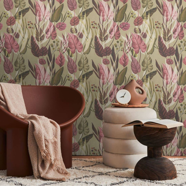 Botanik-Tapete Beige Rosa – Dschungel-Mustertapete mit Blättern – Vliestapete - WA465548