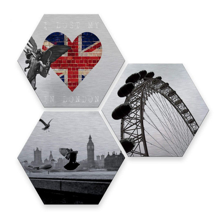 Hexagon - Alu-Dibond-Silbereffekt - Impression of London (3er Set) - WA245147
