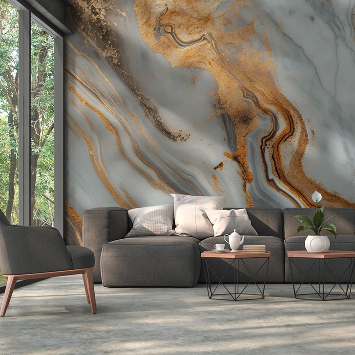 Marmor-Fototapete Gold Grau Weiss – Vliestapete 3.75 m x 2.50 m abstrakt edel - WA504987