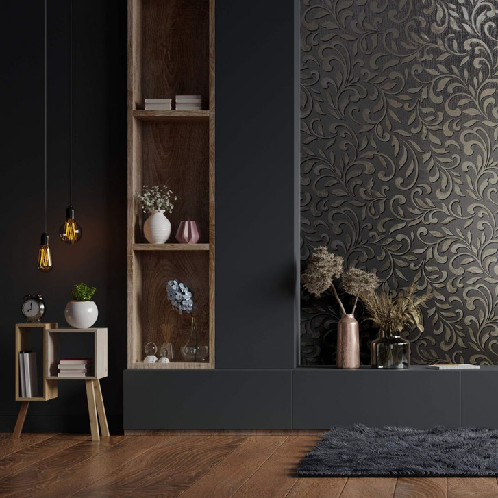 Vliestapete mit abstraktem Blattmotiv und linierter Struktur anthrazit, silber Grafisch - WA451343