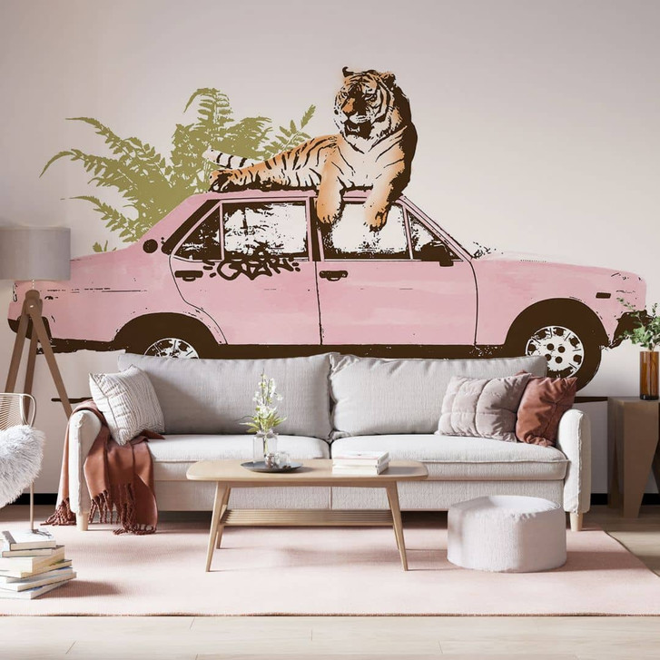 Fototapete Tiger auf rosa Auto - Bodart - WA398337