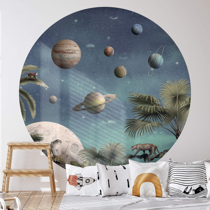 Kinderzimmer Fototapete Kikki Belle - Tropische Fantasiewelt mit Planeten und Palmen - Rund - Selbstklebend/Vlies