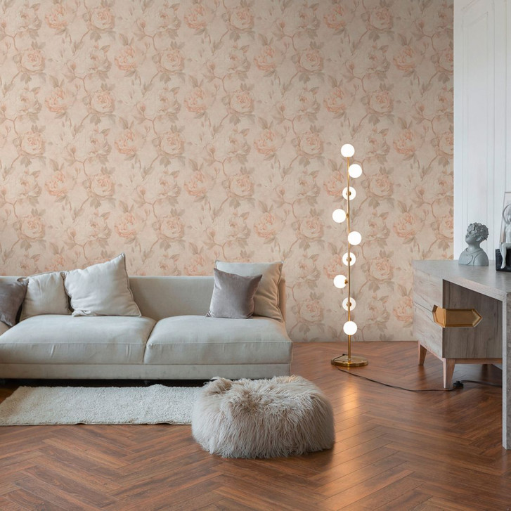 Florale Tapete Pfingstrosen Apricot Beige - Vliestapete im Vintage-Look matt - WA509563