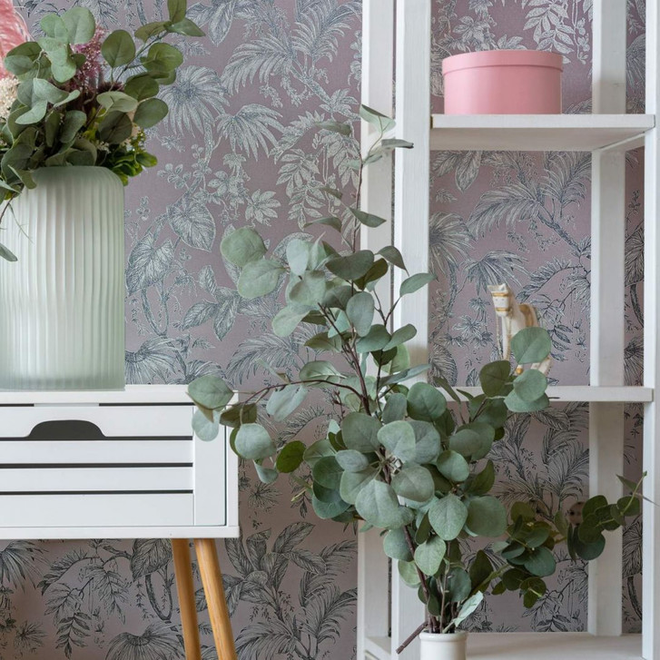Vliestapete mit Pflanzen im Dschungel-Style rosa, silber Floral - WA446251