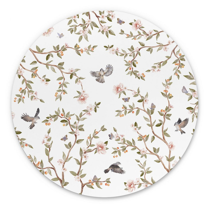 Wandbild Rosenstrauch mit Vögeln - Kikki Belle - Rund - Alu-Dibond - WA422572