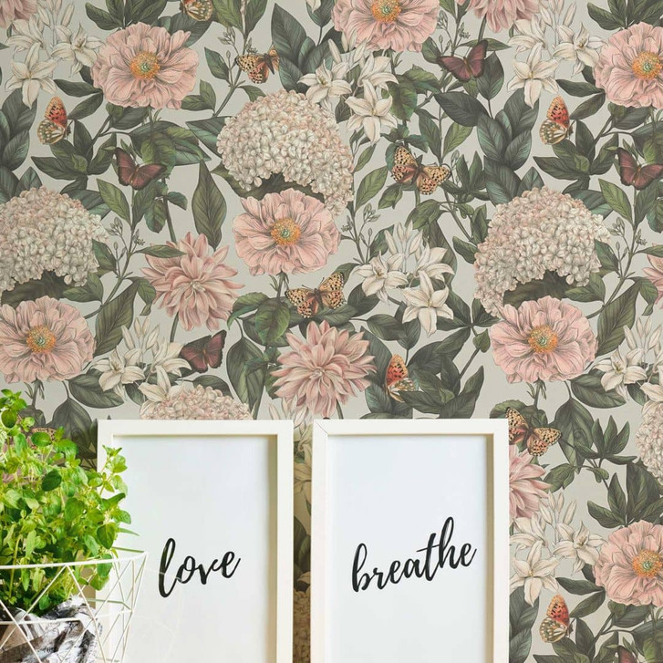 Blumen-Tapete mit Schmetterlingen Grau Grün - Vliestapete mit hellen Blüten - WA396765