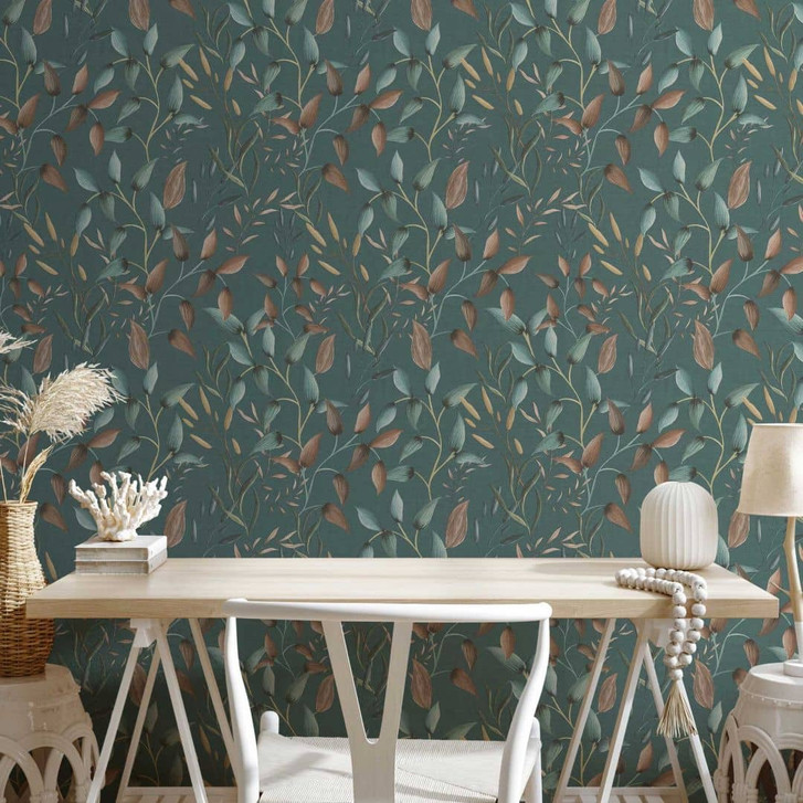 Florale Tapete Blätter Aquarell - Vliestapete in Dunkelgrün Braun Gelb - Pflanzen-Tapete - WA465198