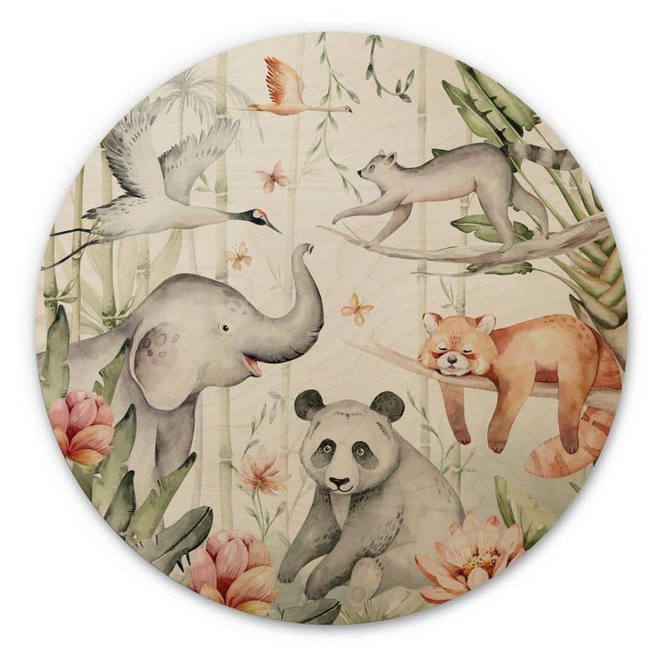 Holzbild Asiatische Tiere im Bambuswald - Kvilis - Rund - WA425434