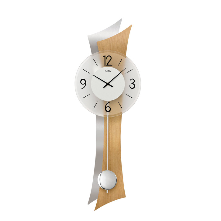 Pendelwanduhr Geschwungenes Holzgehäuse Buche/Aluminium-Applikation - UG100894