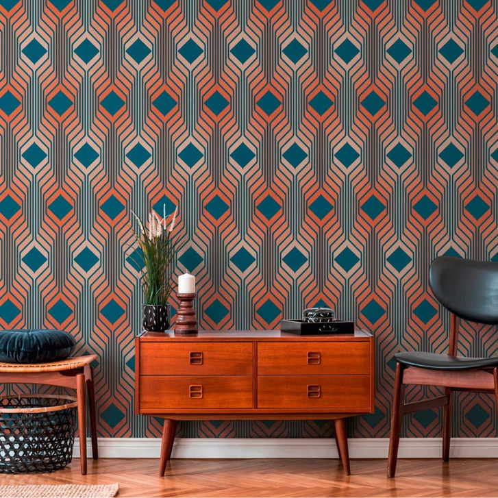 Retro-Tapete Rot Blau - Vintage Vliestapete abstrakt - Mustertapete Strukturtapete - WA415914
