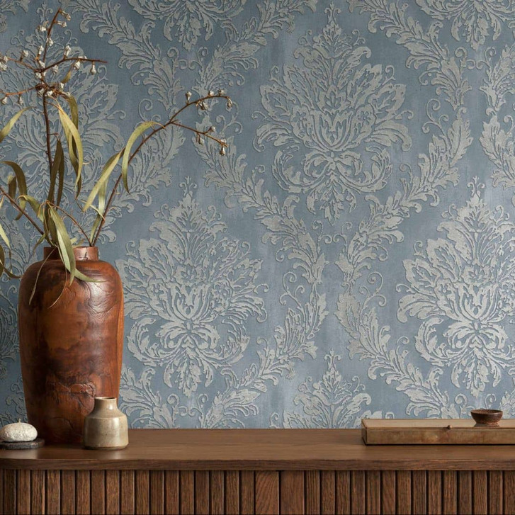 Barock-Tapete Blau Silber - Vliestapete mit Ornament-Muster - Glänzende Mustertapete - WA480167
