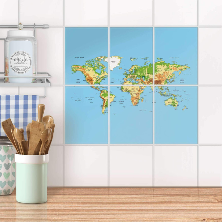 Fliesenaufkleber hoch - Geografische Weltkarte - 6er Set - CR100556