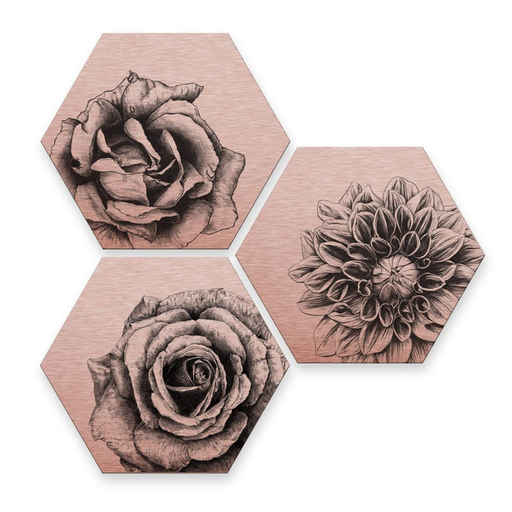 Hexagon - Alu-Dibond Kupfereffekt Kools - Flowery 3er Set - WA291255