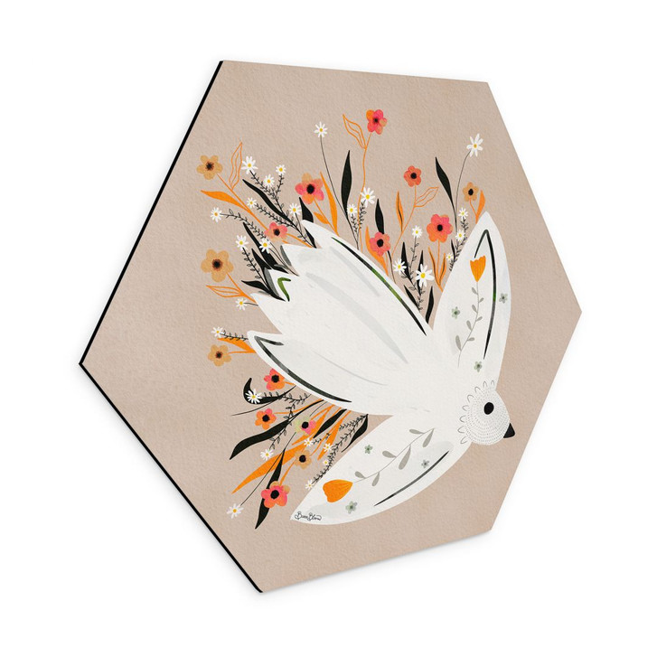 Hexagon Wandbild Friedenstaube mit kleinen Blumen - Bloom - Alu-Dibond - WA394240