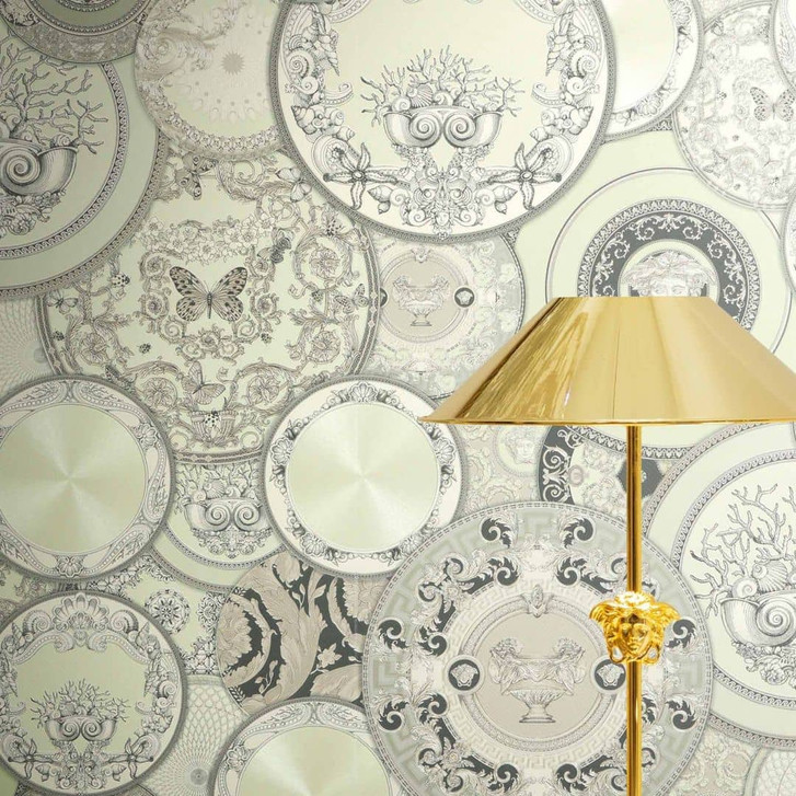 Versace Vliestapete Art De La Table Kreise Mäander Medusa Grün Grau Metallic - WA506928